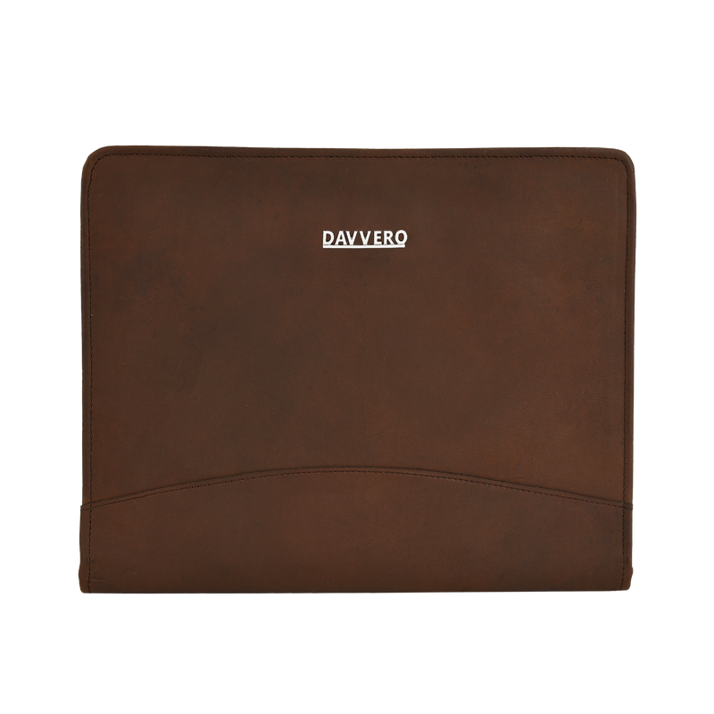 Brown leather portfolio with 'DAVERO' branding on a white background