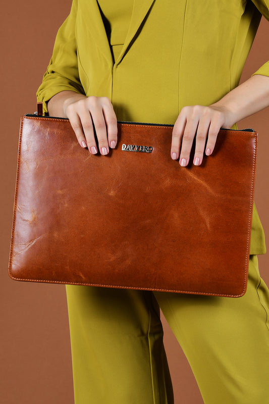 Model holding laptop sleeve