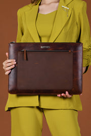 brown leather laptop sleeve with front pocket & soft lining