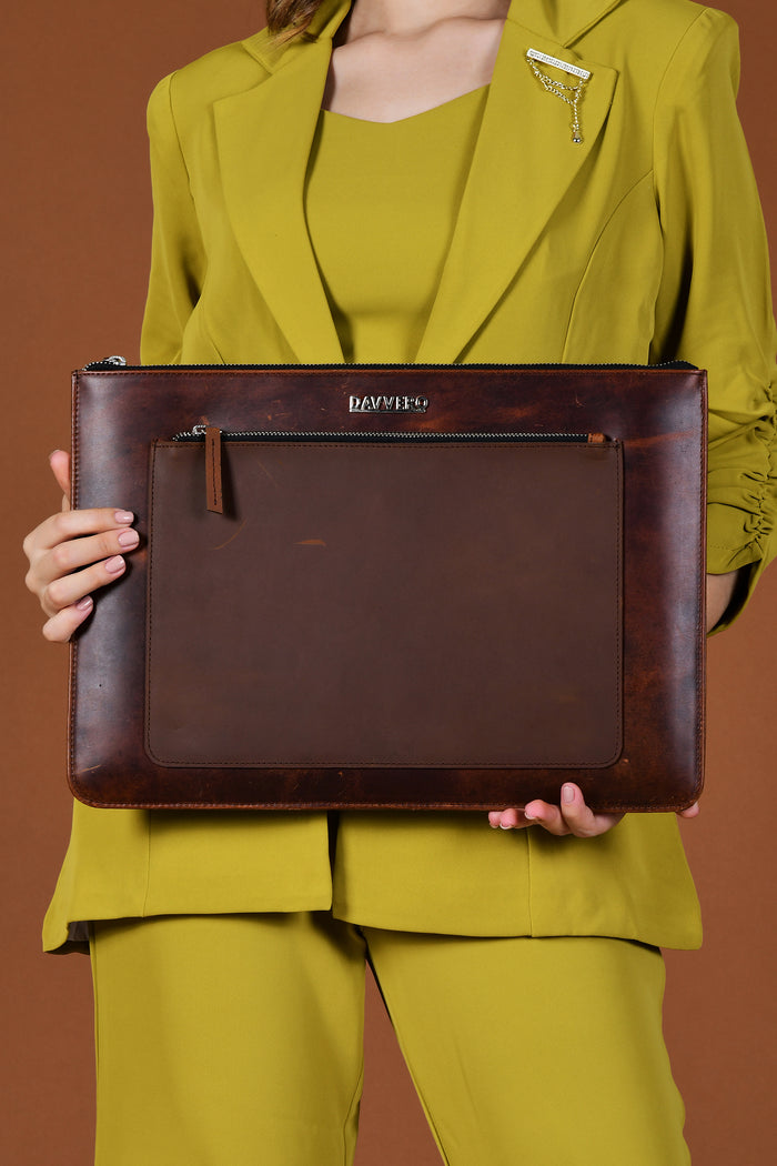 brown leather laptop sleeve with front pocket & soft lining
