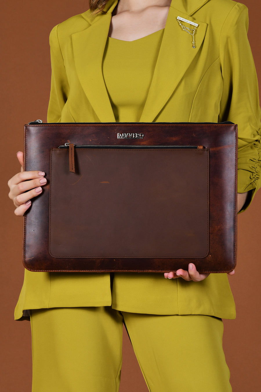 brown leather laptop sleeve with front pocket & soft lining