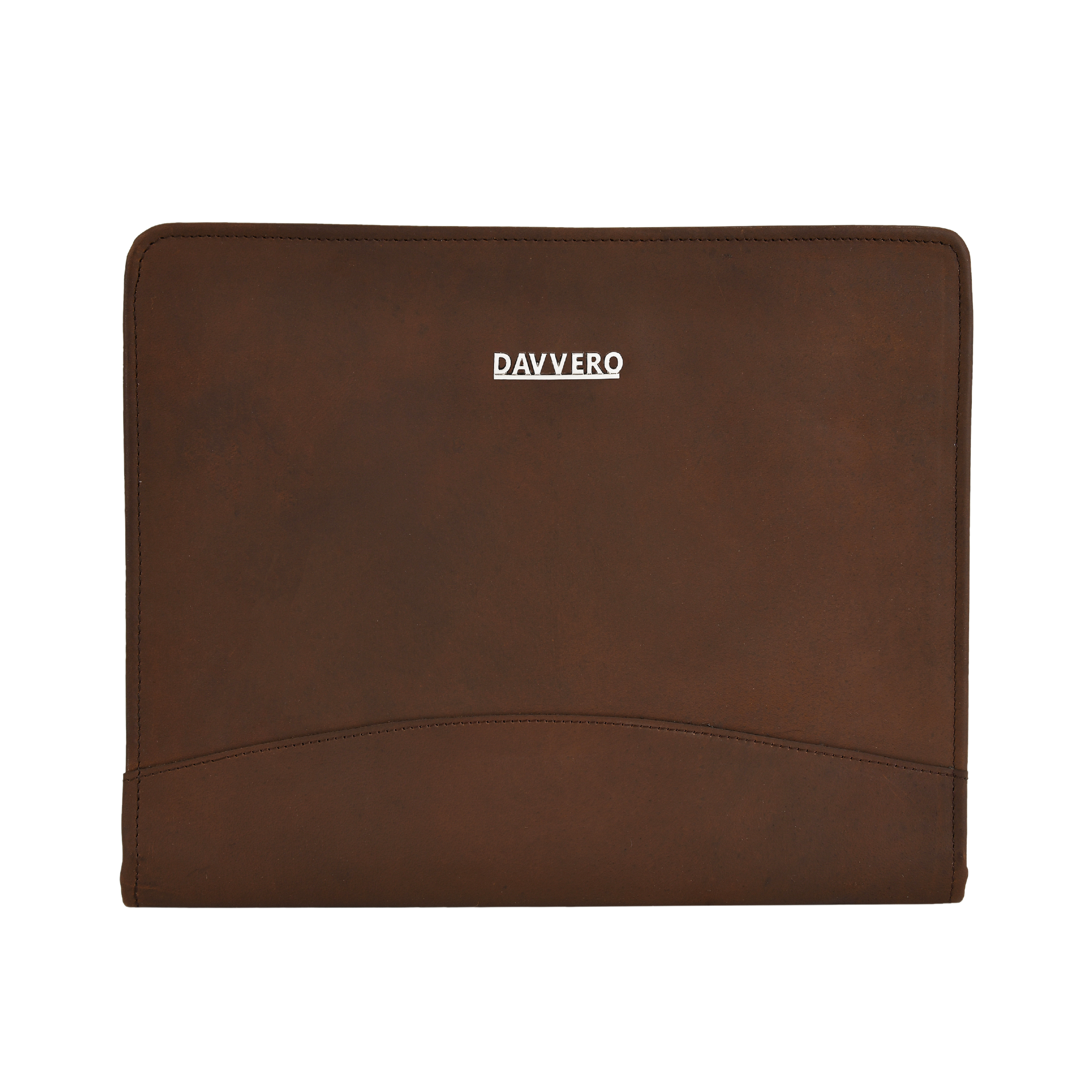 Brown leather portfolio with 'DAVERO' branding on a white background